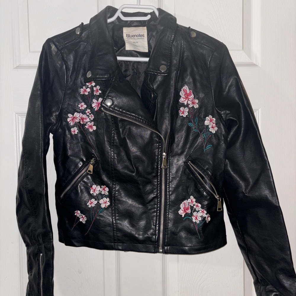 Bluenotes Black Leather Jacket with Pink Floral Design